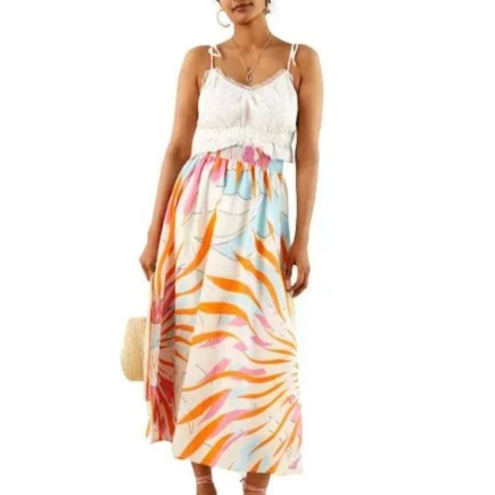 Anthropologie White Bodice Multicolor Abstract Midi Skirt